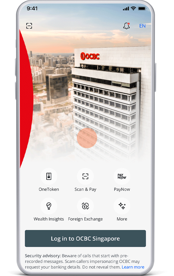 Log in to the OCBC app. Tap on "Pay & Transfer", followed by the "Send Ang Bao via PayNow" banner.