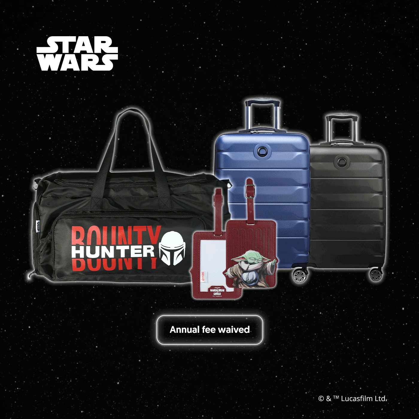 Delsey 68cm luggage, Disney&rsquo;s Star Wars: The Mandalorian duffle bag and Disney&rsquo;s Star Wars: The Mandalorian and Grogu luggage tag, plus 1-year card fee waiver