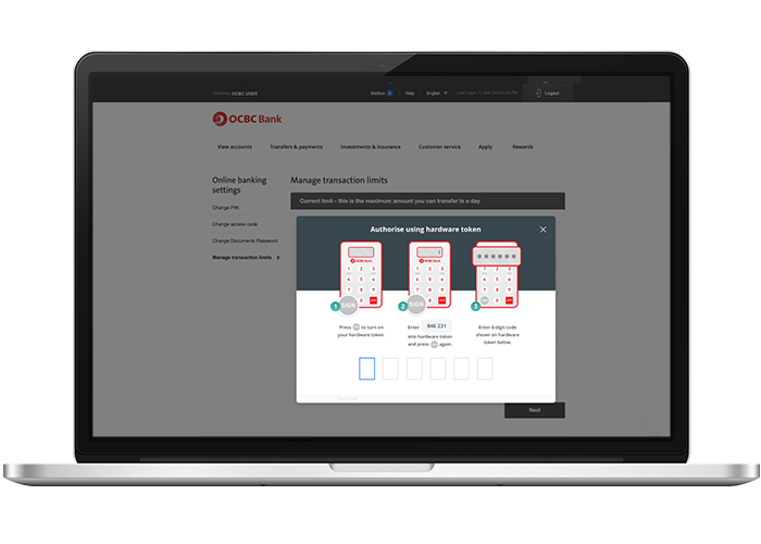 Screenshot of desktop screen prompting users to authorise using OCBC hardware token